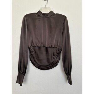 Babaton Rosalia Satin Ruched Blouse Mock Neck Long Sleeve Top Brown Womens Small